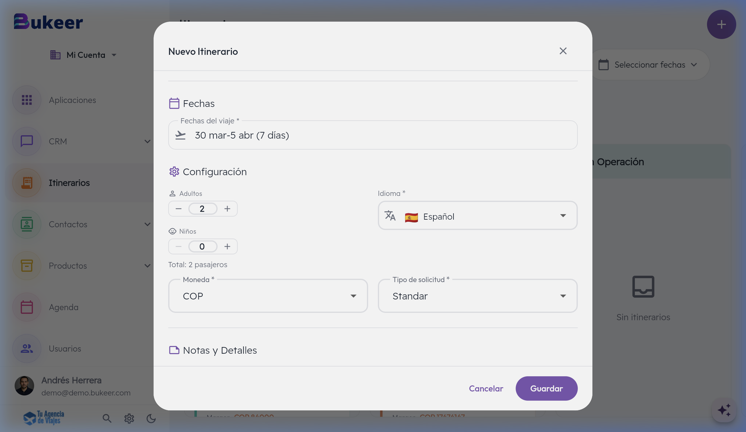 Captura mostrando el formulario modal de Nuevo Itinerario con los datos de configuración establecidos