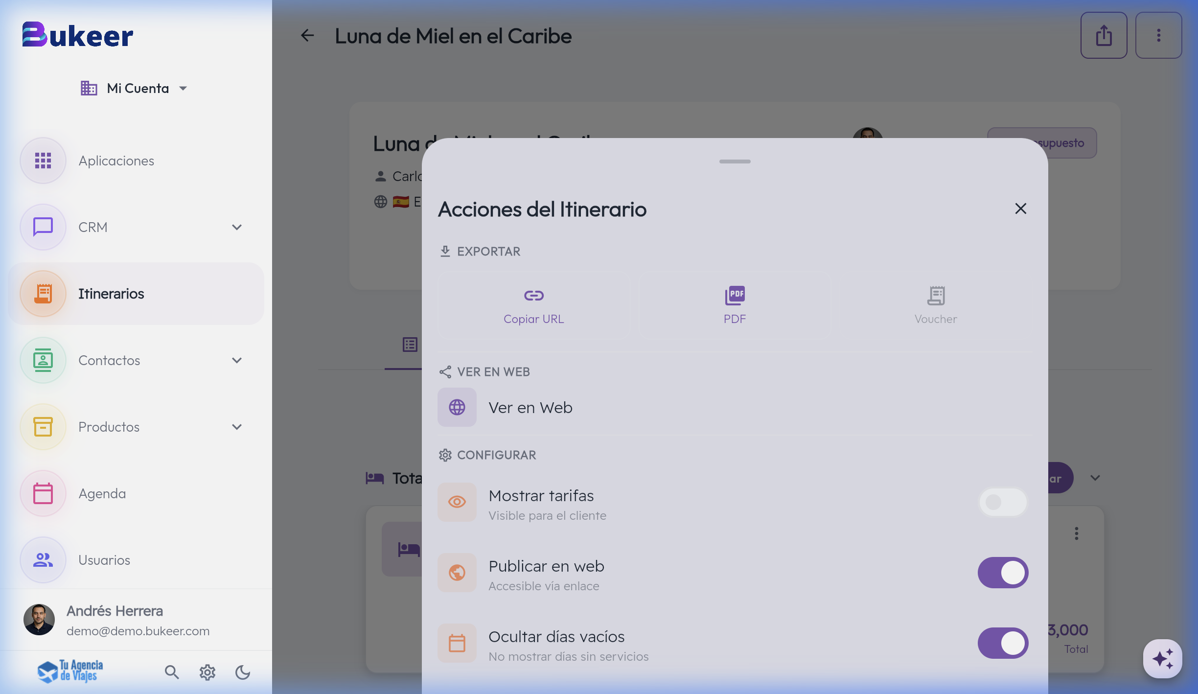 Captura mostrando el panel de Acciones del Itinerario con las opciones de Exportación en PDF y Copiar URL